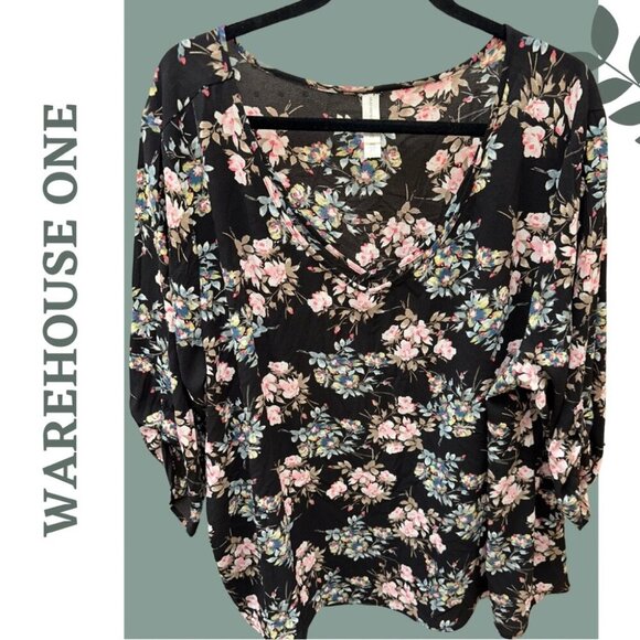 Warehouse One Floral Women's Top - Black and Pink Floral Print 3/4 Sleeve - Picture 1 of 7